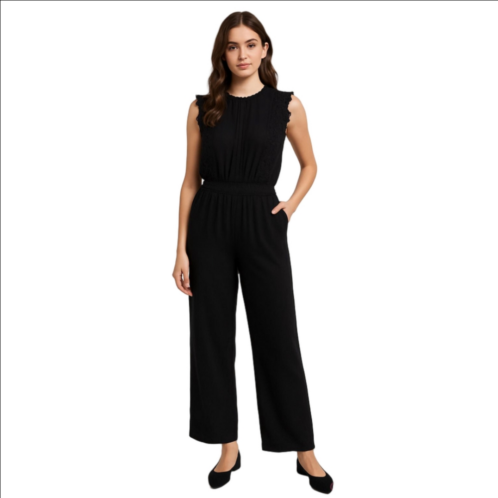 Monteau Black Sleeveless Lace-Trim Jumpsuit